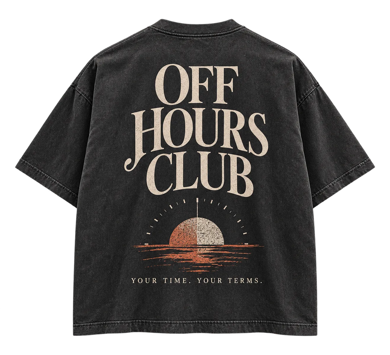 After Hours Tee — Washed black / sunset print