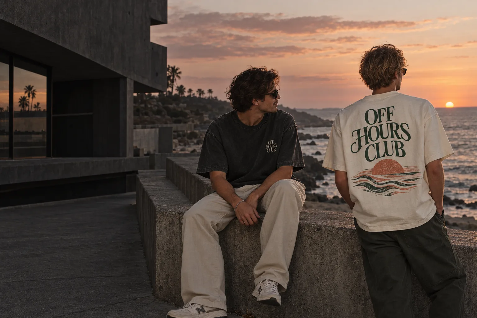 OFF HOURS CLUB editorial concept: friends wearing charcoal and ivory tees on a coastal promenade