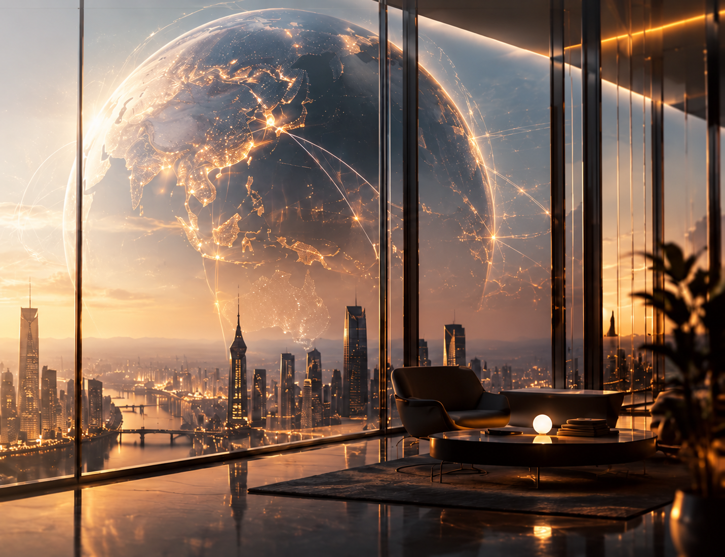 Golden connected globe above an international city skyline